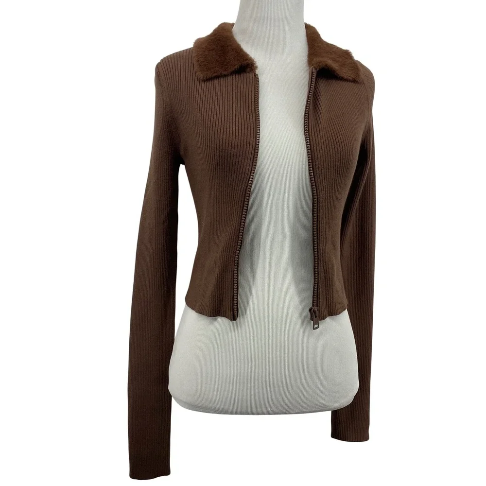 American Eagle Women Size S Zip Up Cardigan Brown Faux Fur Collar Ribbed Sweater - Picture 4 of 8